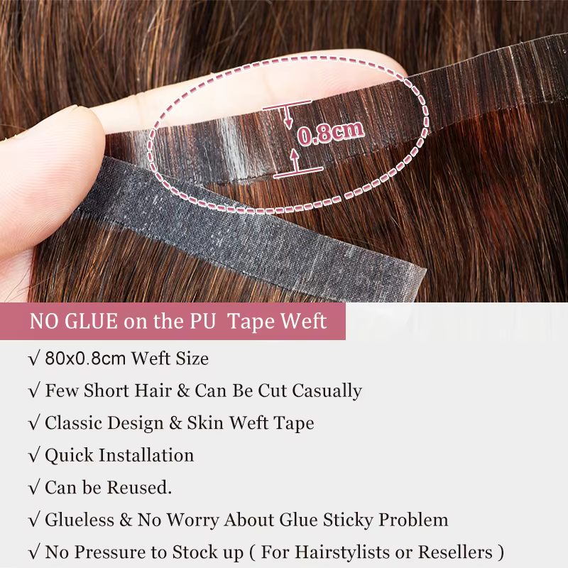 Trame de bande naturelle sans couture, longue bande de trame de peau en PU dans les Extensions humai