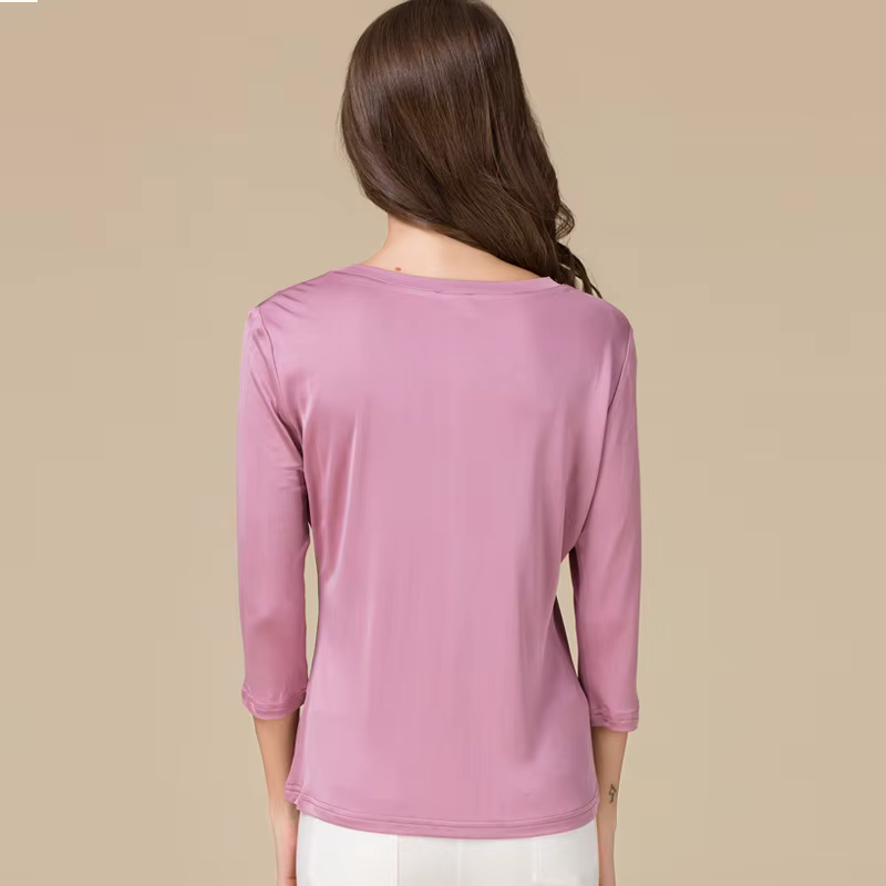Birdtree, T-shirt en soie véritable à 25 %, double tricot, couleurs unies, col en V classique, manch