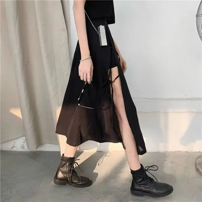 Jupes mi-mollet à fente haute gothique foncé vintage pour femmes, mode élégante, fête, club, taille