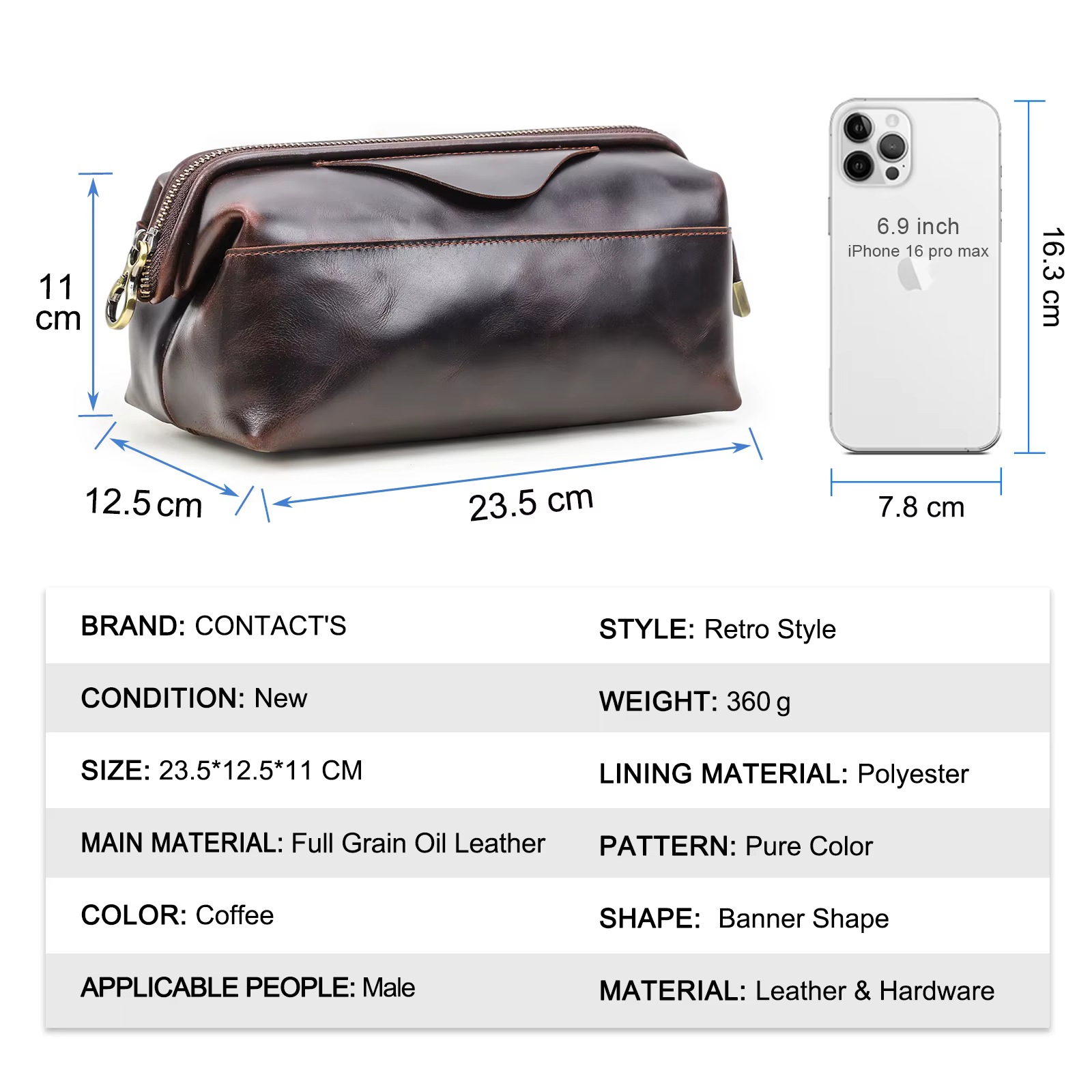 CONTACT'S sacs de rangement de câbles en cuir véritable pour hommes pochette de câble de voyage poch