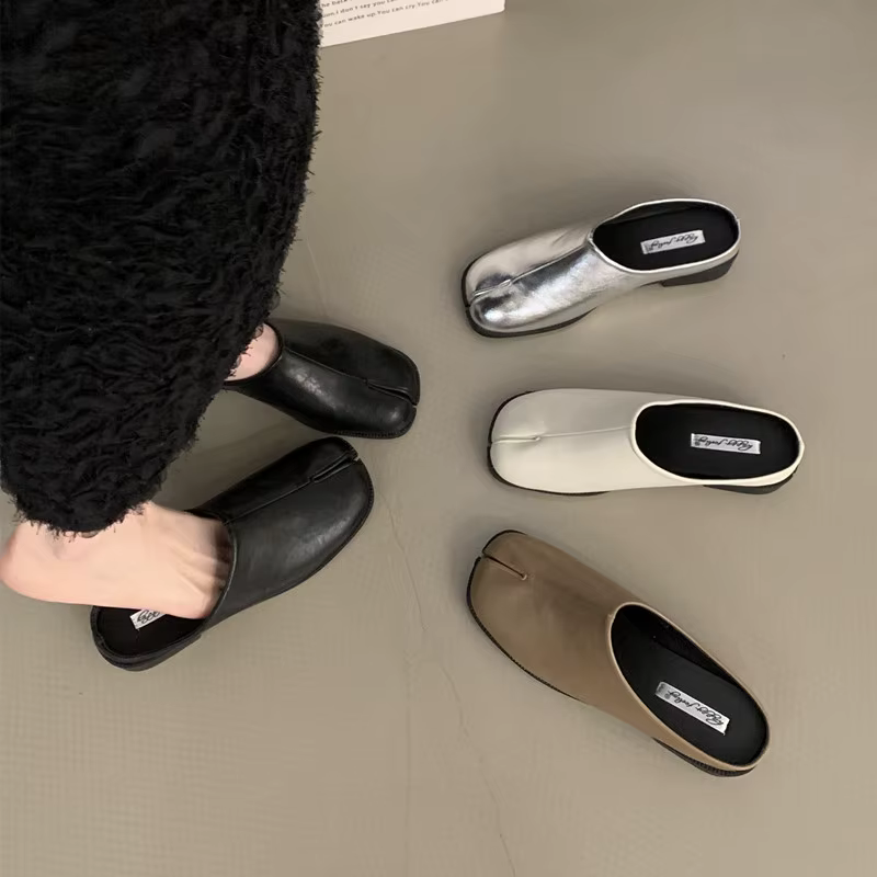Bailamos-Pantoufles en fourrure fendue pour femmes, mules à bride arrière, chaussures plates, mocass