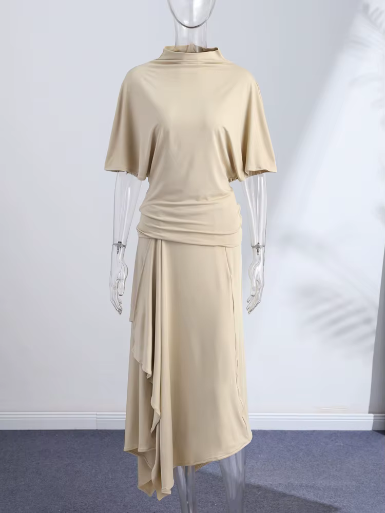 Ensemble élégant chemise asymétrique et jupe pour femme – Chemises unies à manches courtes et col ro