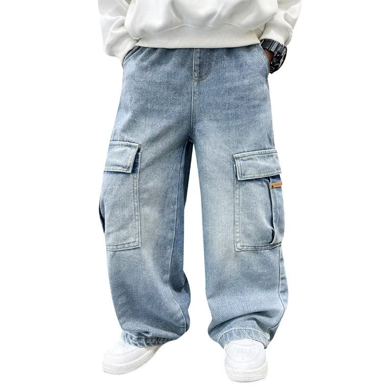 Pantalons cargo en denim pour garçons, mode printemps-automne, jeans décontractés pour enfants et ad