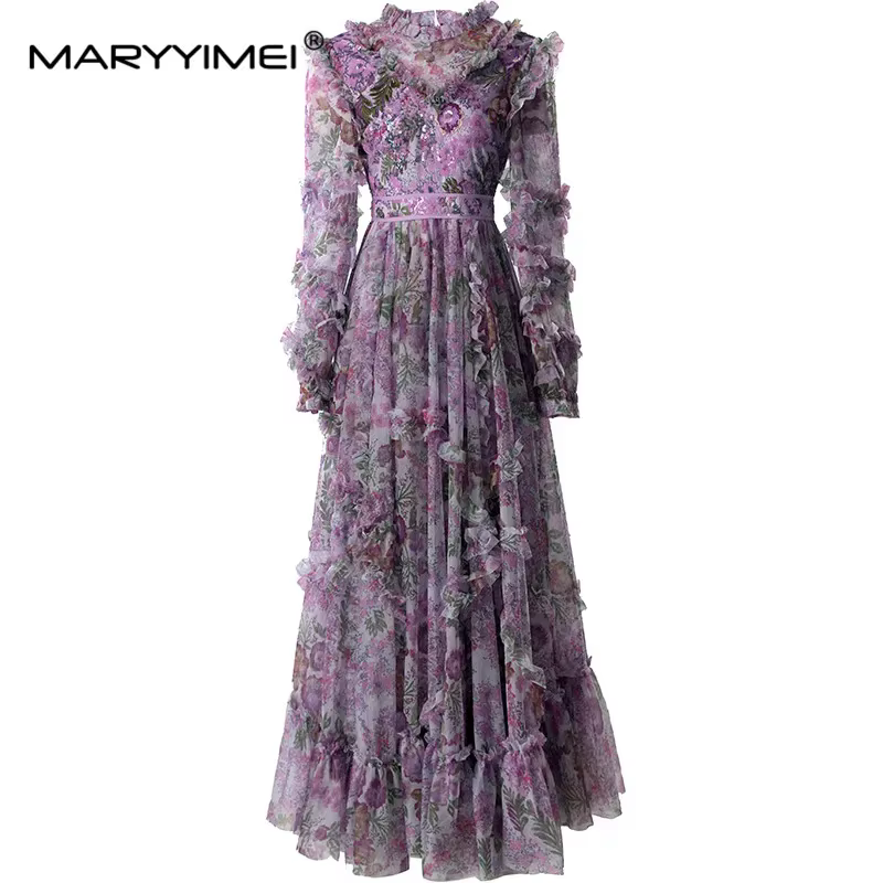 MARYYIMEI printemps été femmes robe à manches longues taille haute comestible arbre champignon bord 