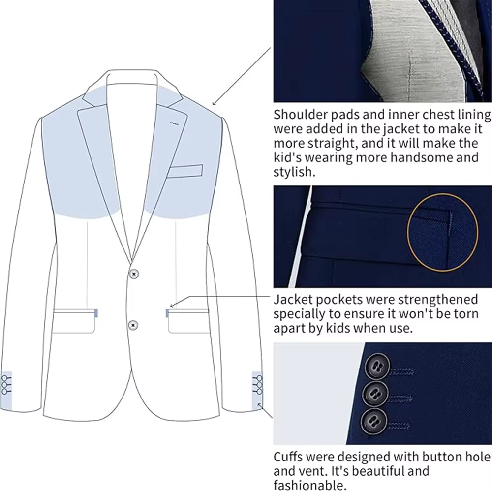 Ensemble de costume cranté pour garçon de 3 à 14 ans, veste de costume noire à un bouton, gilet, pan
