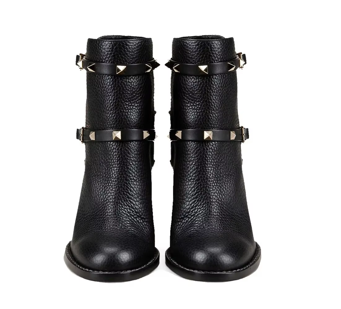 Bottines à rivets en cuir véritable pour femme, bottes courtes à talons épais et bout rond avec bouc