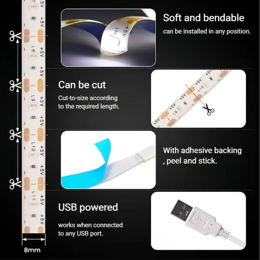 Bande lumineuse LED 5V USB avec interrupteur Décoration Bande étanche pour maison Rétro-éclairage 1M