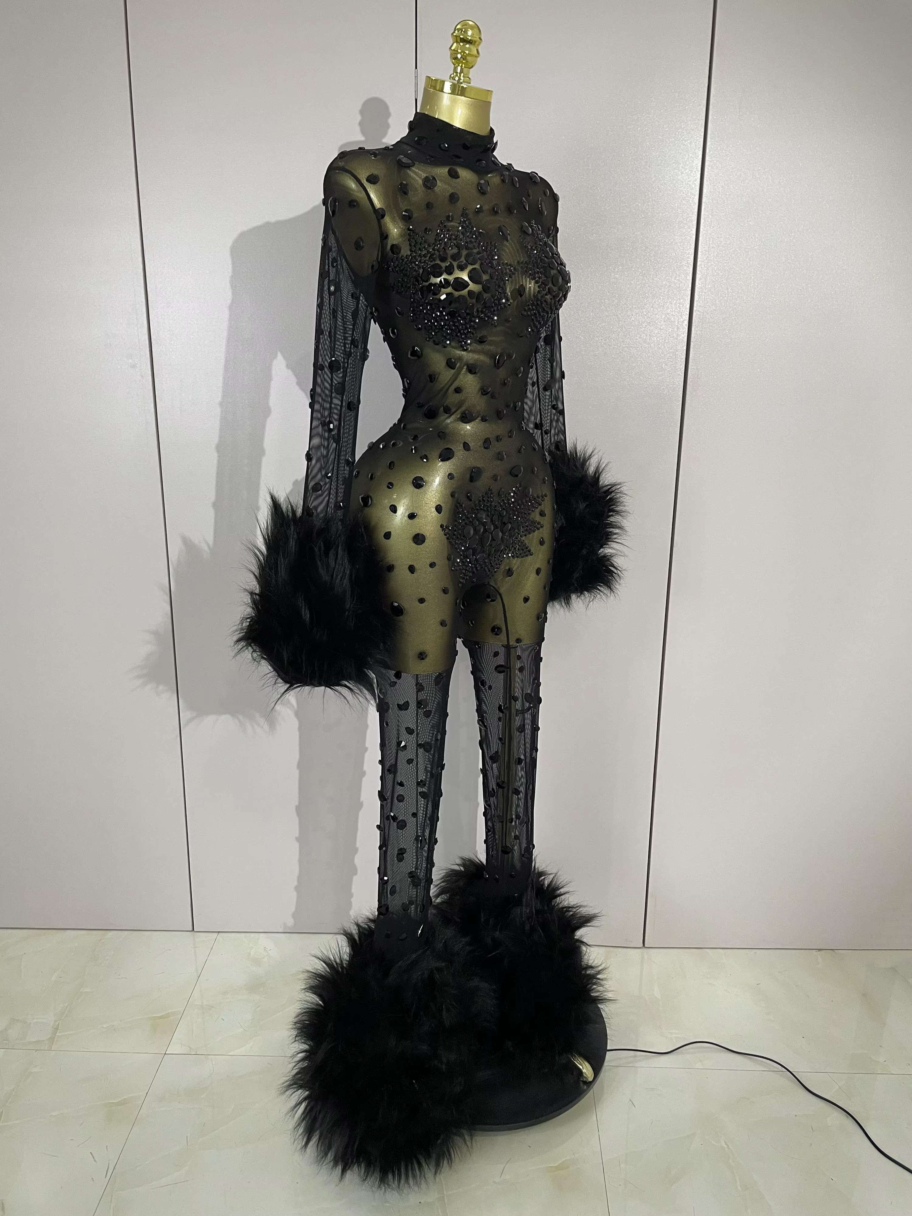 STOCK luxe diamant noir maille Transparent extensible à manches longues combinaison femmes Sexy Perf
