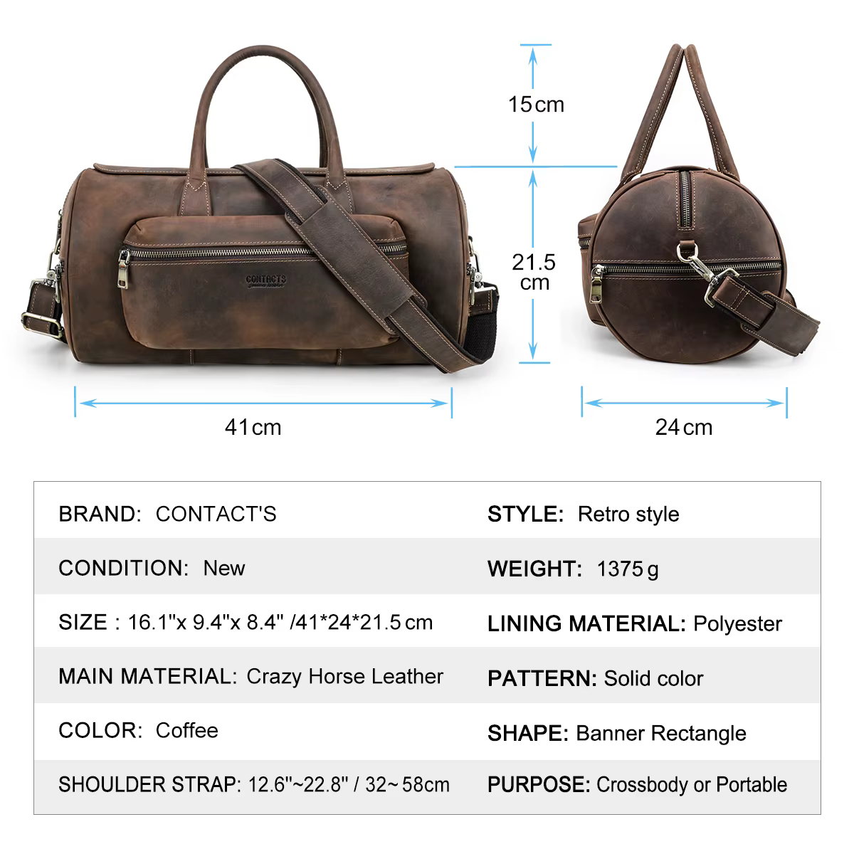 CONTACT'S-Sac à bagages fourre-tout en cuir véritable pour homme, sac de voyage pour homme, sac à ba