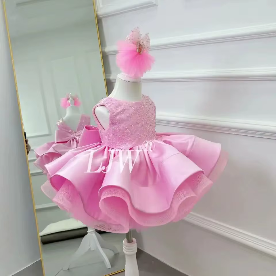 Col en v rose paillettes fleur fille robe de mariée bébé premier robe de noël élégant fête d'anniver