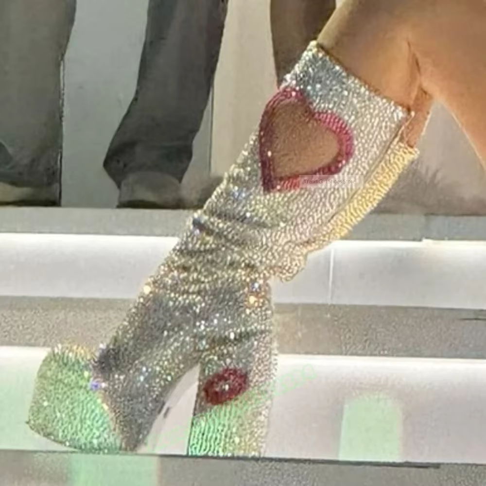 Cristal Bling nouvelles bottes bout rond semelle épaisse plate-forme genou bottes hautes gros talons