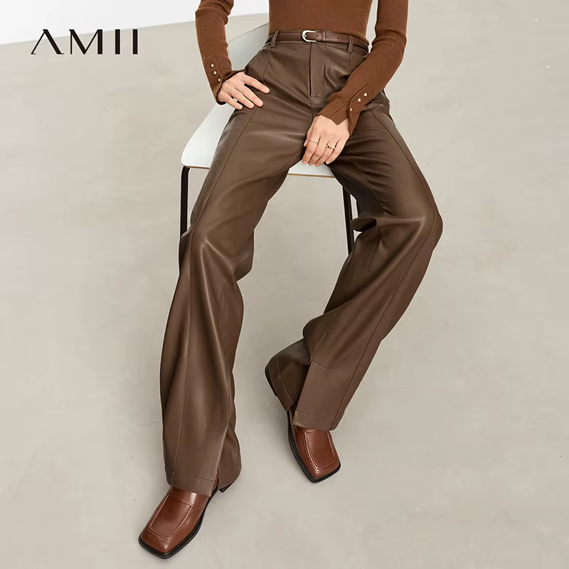 AMII minimaliste en cuir PU pantalons décontractés pour les femmes 2025 automne nouveau ample longue