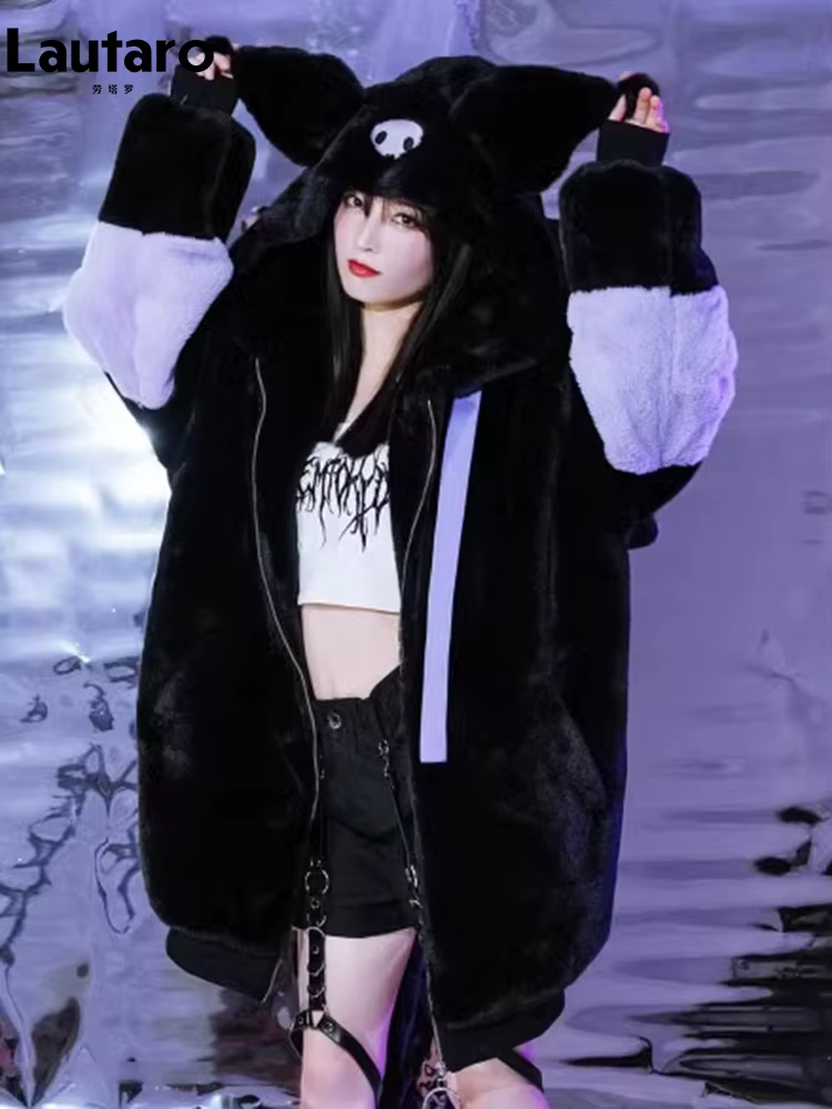 Lautaro automne hiver surdimensionné couleur bloc fausse fourrure manteau femmes Harajuku Kawaii dou