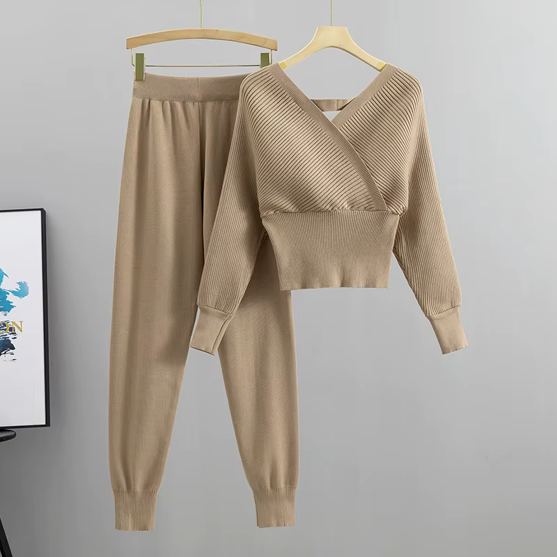 Ensemble deux pièces pour femme, survêtement élégant, Sexy, Style coréen, tricoté, côtelé, dos nu, L
