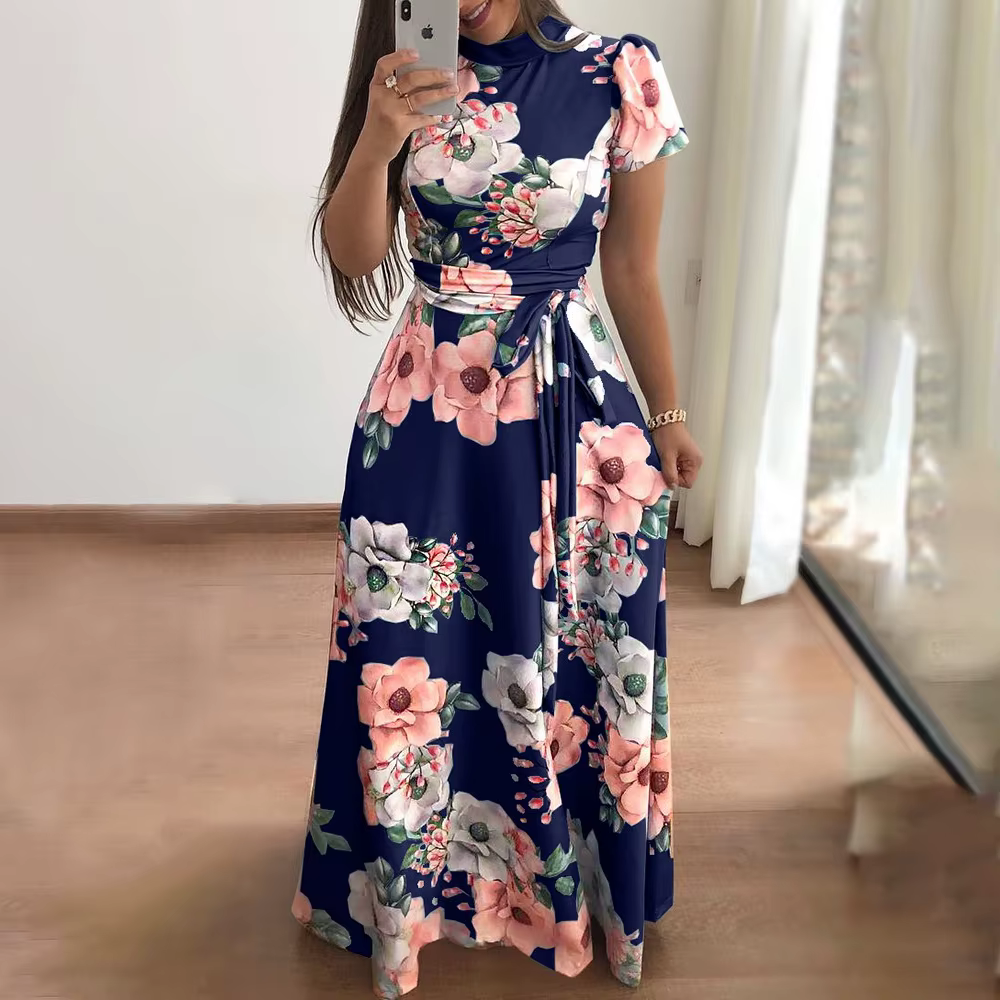 Robe d'été à imprimé Floral pour femmes, nouvelle robe trapèze Boho à manches courtes, robe Maxi flu