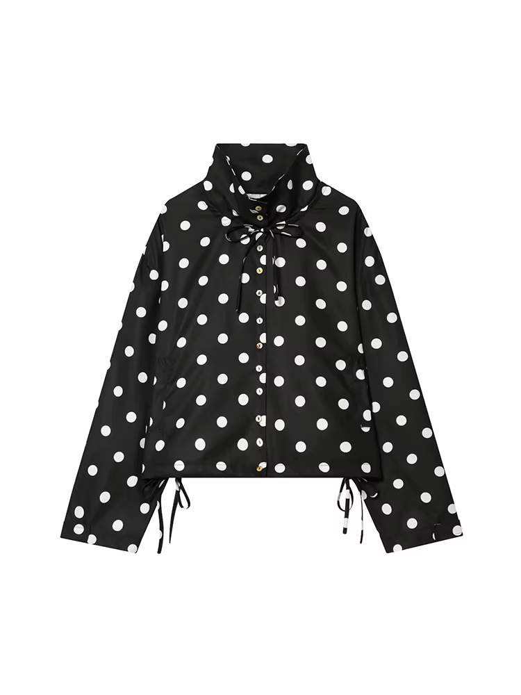 Veste rose à pois à manches longues pour femme, manteau décontracté à col montant et simple boutonna