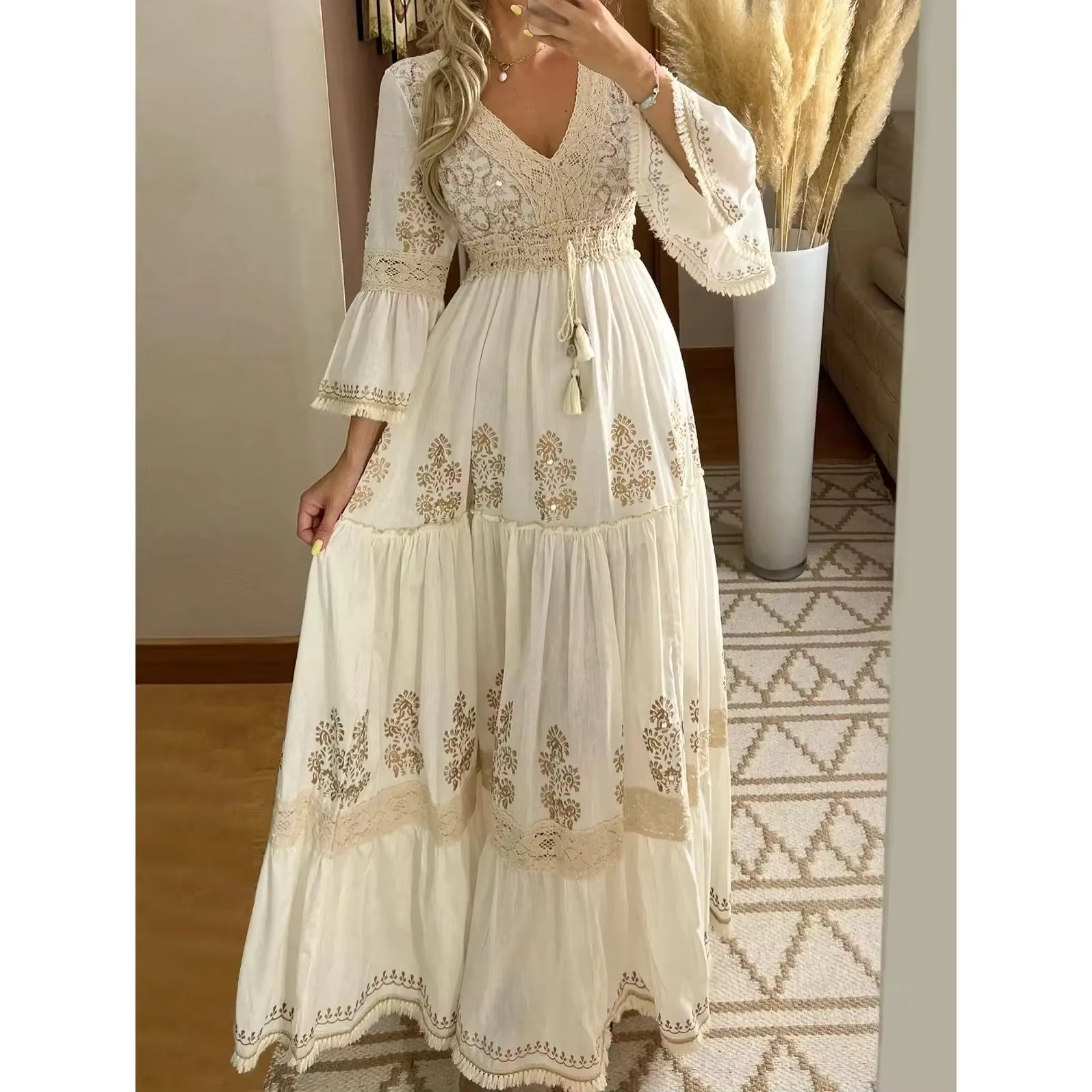 Robe longue pour femme élégante à franges, col en V, manches évasées, style vintage bohème, décontra