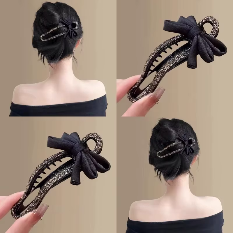 Pince à bec de canard en strass, classique, nœud noir, épingle à cheveux pratique, polyvalente, mode