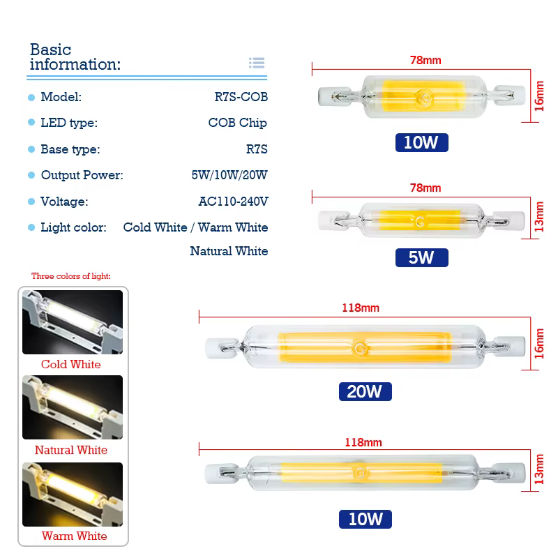 Lampe LED R7s COB avec tube en verre, ampoule en maïs AC 118 V 220V, 78mm 110mm J78 J118, 5W 10W 20W
