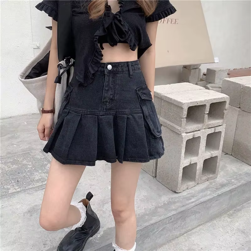Jupes en Jean noires pour femmes, Streetwear, taille haute, courtes, Slim, Sexy, plissée, avec poche