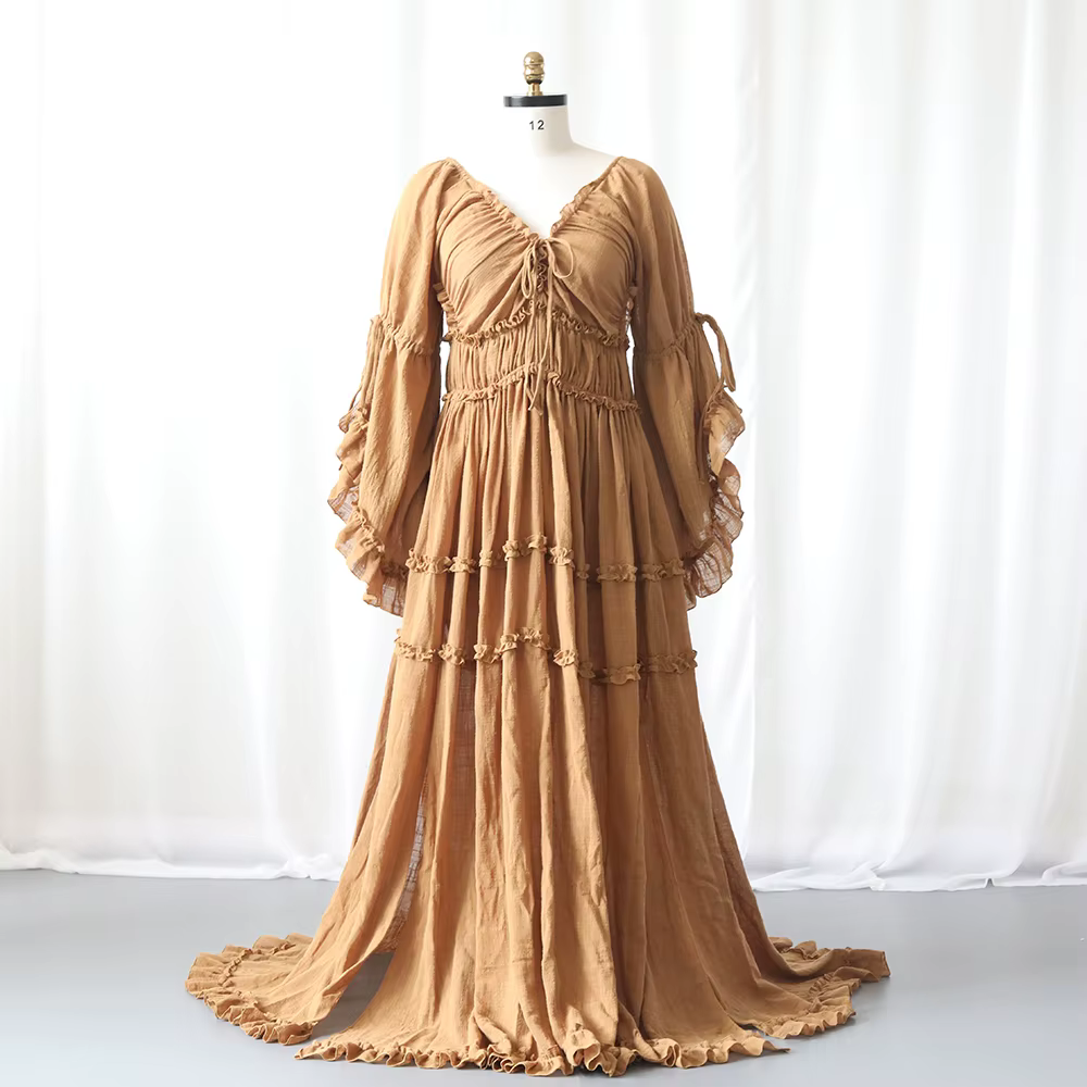 Robe de maternité fluide style Boho, manches longues, à volants, Maxi, robe de grossesse, réception-