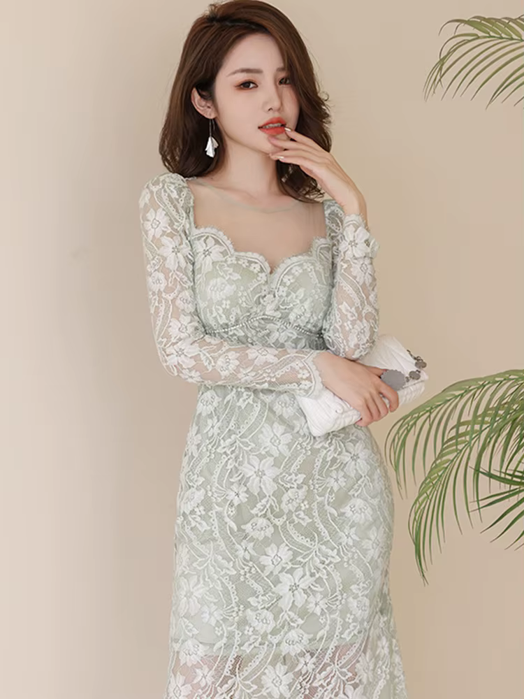 Robe maxi en dentelle transparente pour femme, robe de soirée, robe de vacances, dentelle transparen