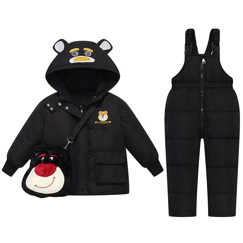 Doudoune à capuche ours dessin animé pour enfants, ensemble de vêtements pour filles, salopette pour
