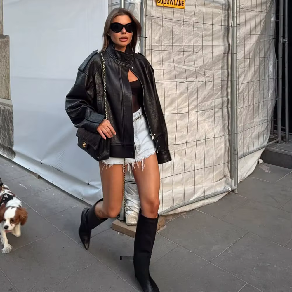 KONDALA Chic vestes en cuir noir boutons de fermeture éclair manteaux surdimensionnés mode 2025 auto