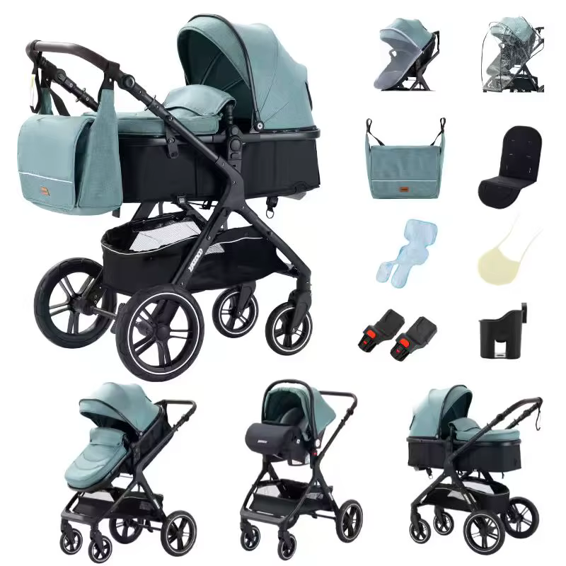 Poussette 3-en-1 pour bébé, poignée réversible, pliage en une seule étape, cadre en aluminium, ensem