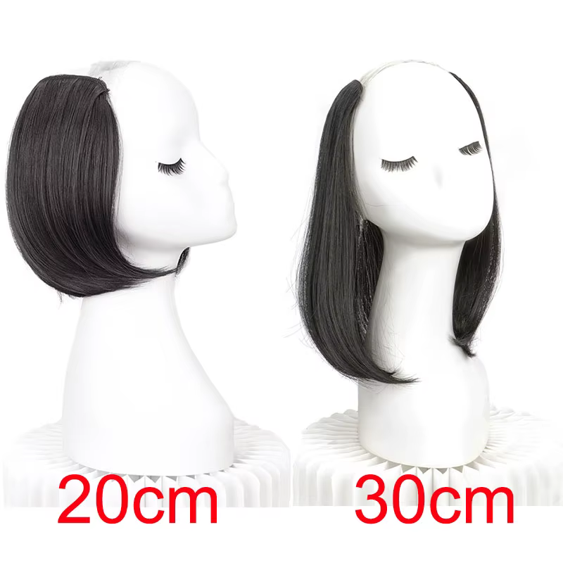 Extension capillaire synthétique courte et lisse, 20/30cm, demi-tête en forme de V, 4Clips, postiche