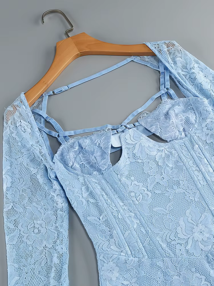 Mini robe dos nu à manches longues pour femmes, dentelle bleue découpée sexy, tambour lourd, robes c