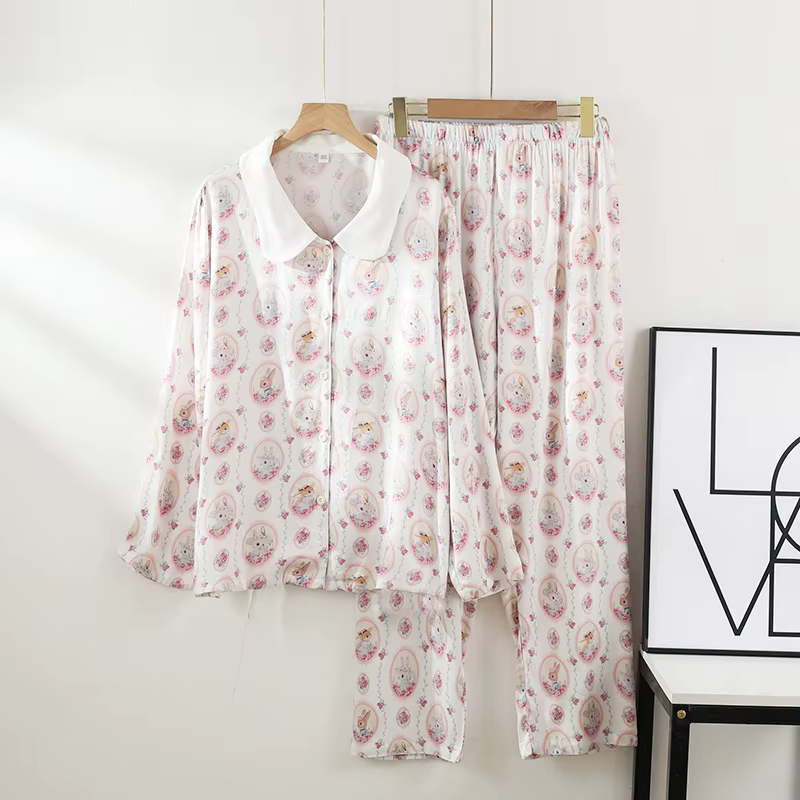 Pyjama en Satin pour femmes, pantalon à manches longues, mignon, frais, haut de gamme, col rabattu, 