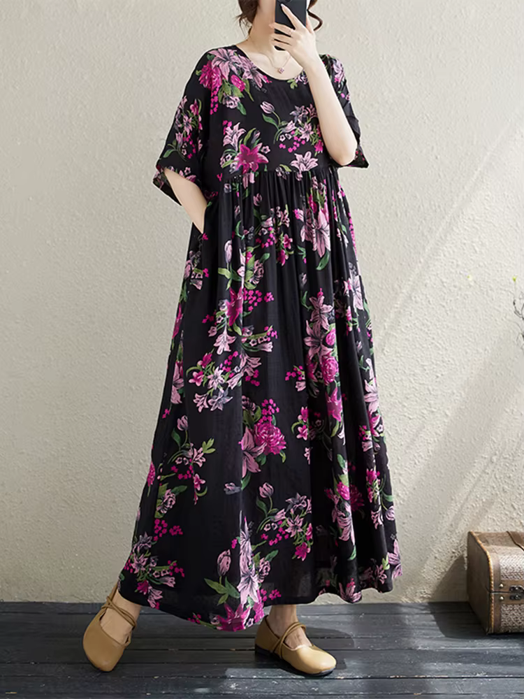 Robe longue vintage en coton à manches courtes et imprimé violet pour femme – Collection été 2026 – 