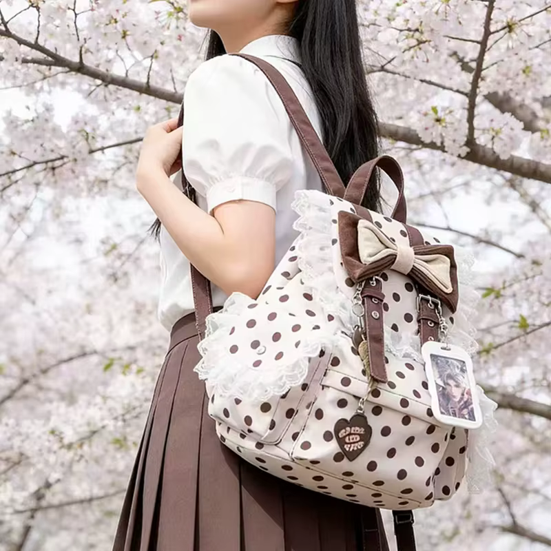 Sac à dos Preppy à pois avec nœud décoratif en dentelle, plusieurs poches, grande capacité, sac simp