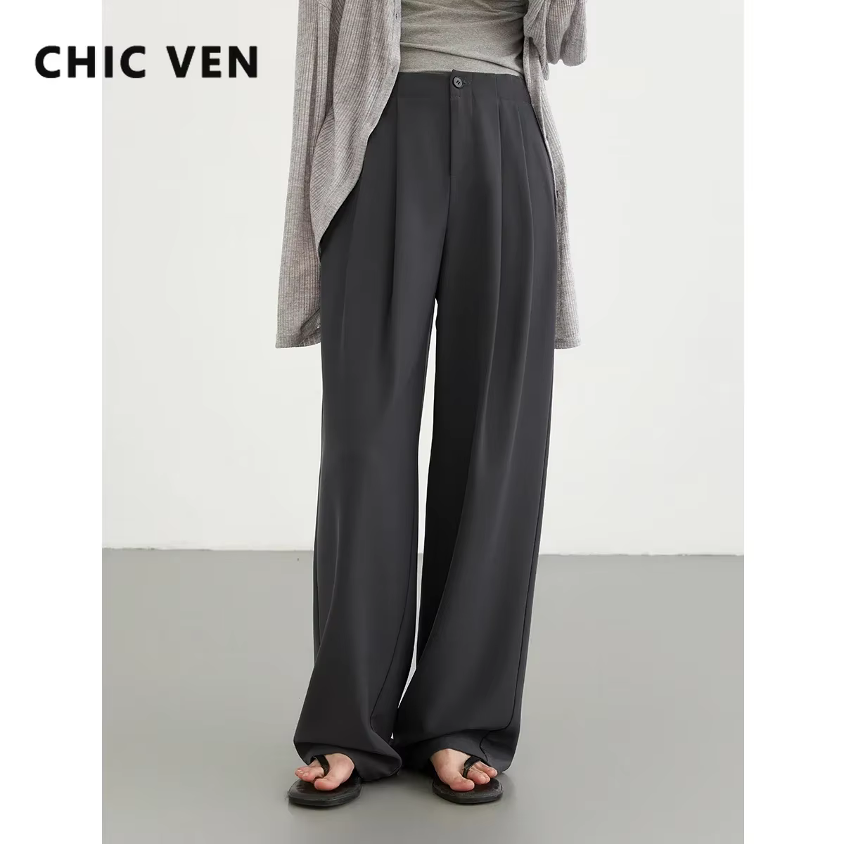 CHIC VEN femmes pantalons nouveau décontracté taille haute femme pantalon plissé tombant jambe large