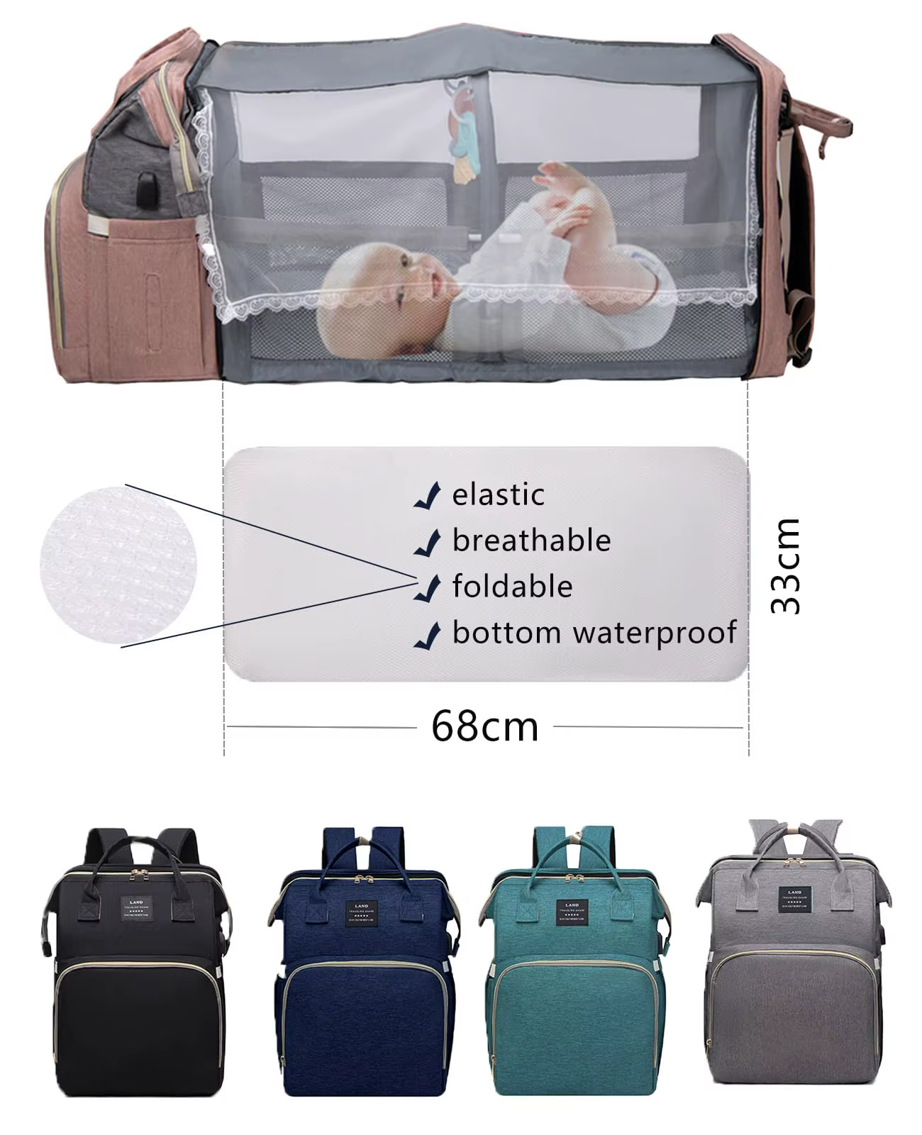Sac à dos pour couches avec matelas à langer, grande capacité, sac de voyage pour bébé pour maman, i