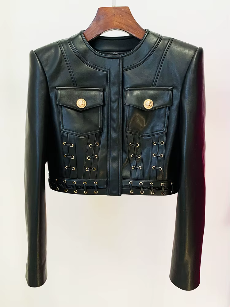 HIGH STREET Nouvelle Collection 2026 Blazer de Créateur pour Femme en Similicuir à Col Rond et Détai