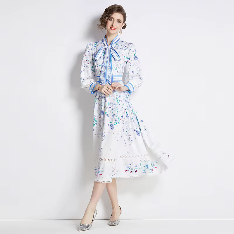 Robe imprimée à manches longues pour femmes, col rond, nœud papillon, taille amincissante, longueur 
