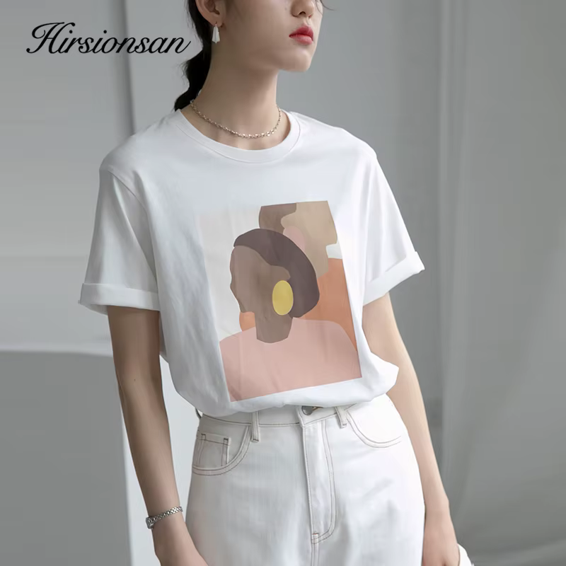 Hirsionsan-T-shirt graphique abstrait pour femme, t-shirts basiques en coton imprimé Rick, manches c