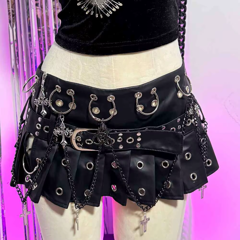 Mini-jupe gothique emo en cuir PU pour adolescentes, style grunge, punk rock, festival, rave, Y2K, v
