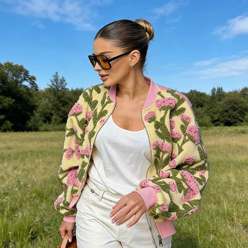 Blouson bomber chic et tendance en polaire à motif floral, zippé, décontracté, pour femme, style rét