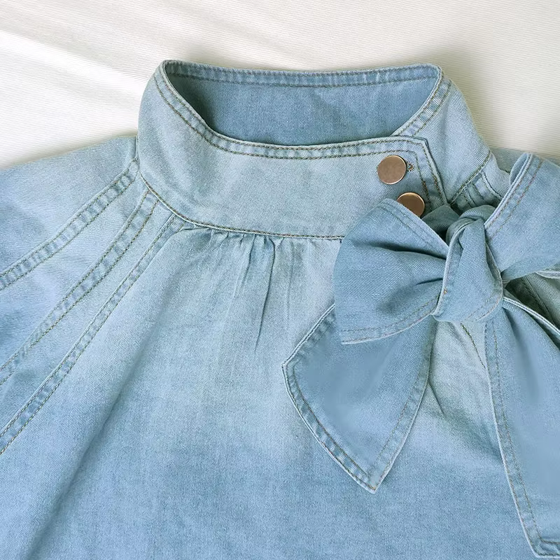 Économie à col roulé à lacets pour femmes, demi-manches bouffantes, t-shirts en denim décontractés, 