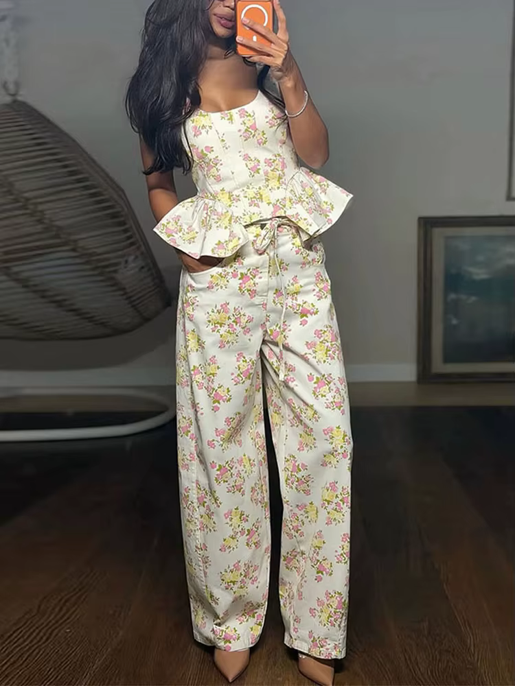 Ensemble élégant imprimé pour femme : débardeur à volants sans manches et pantalon large – Tenue de 