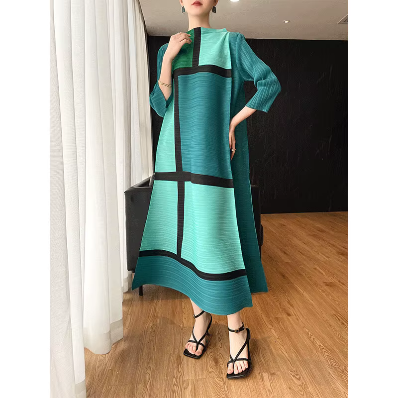 Ata Yake-Robe plissée à imprimé géométrique pour femme, créateur original, manches longues, grande t