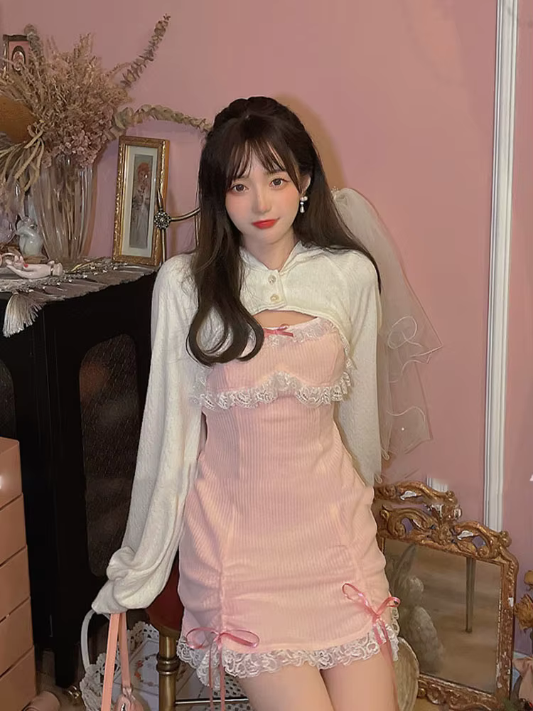 Robe Lolita en dentelle pour femmes, mini robes japonaises, nœud doux, rose Kawaii, fête féminine, p