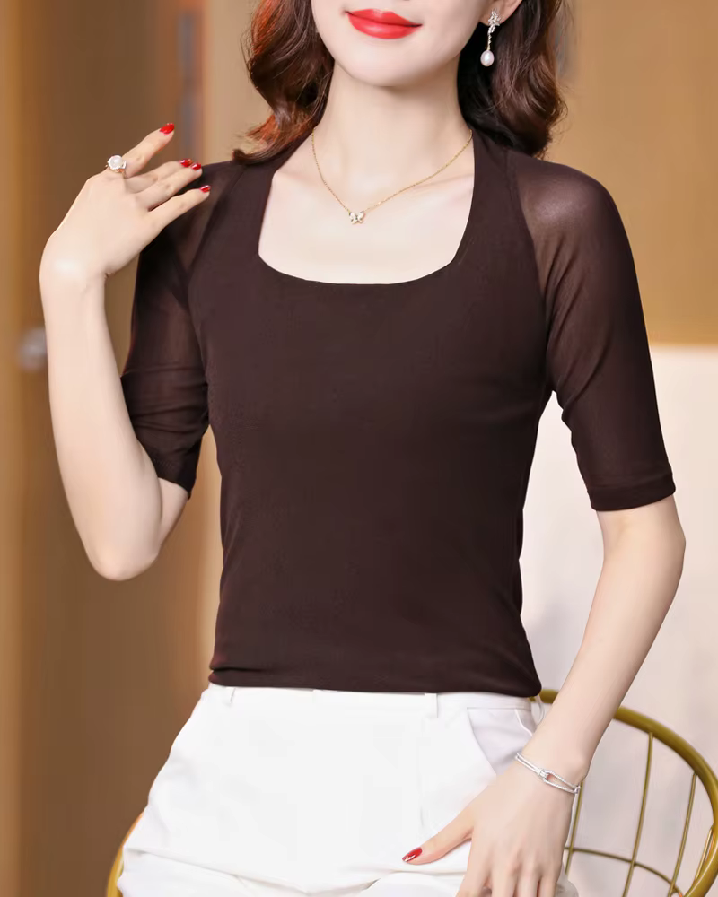 Chemise en maille à demi-manches pour femmes, chemise mince pour documents solides, mode coréenne, t