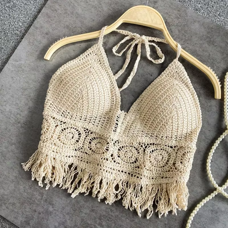 Sexy Boho plage vacances Camisole licou femmes Crochet tricot maillot de bain soutien-gorge dos nu g