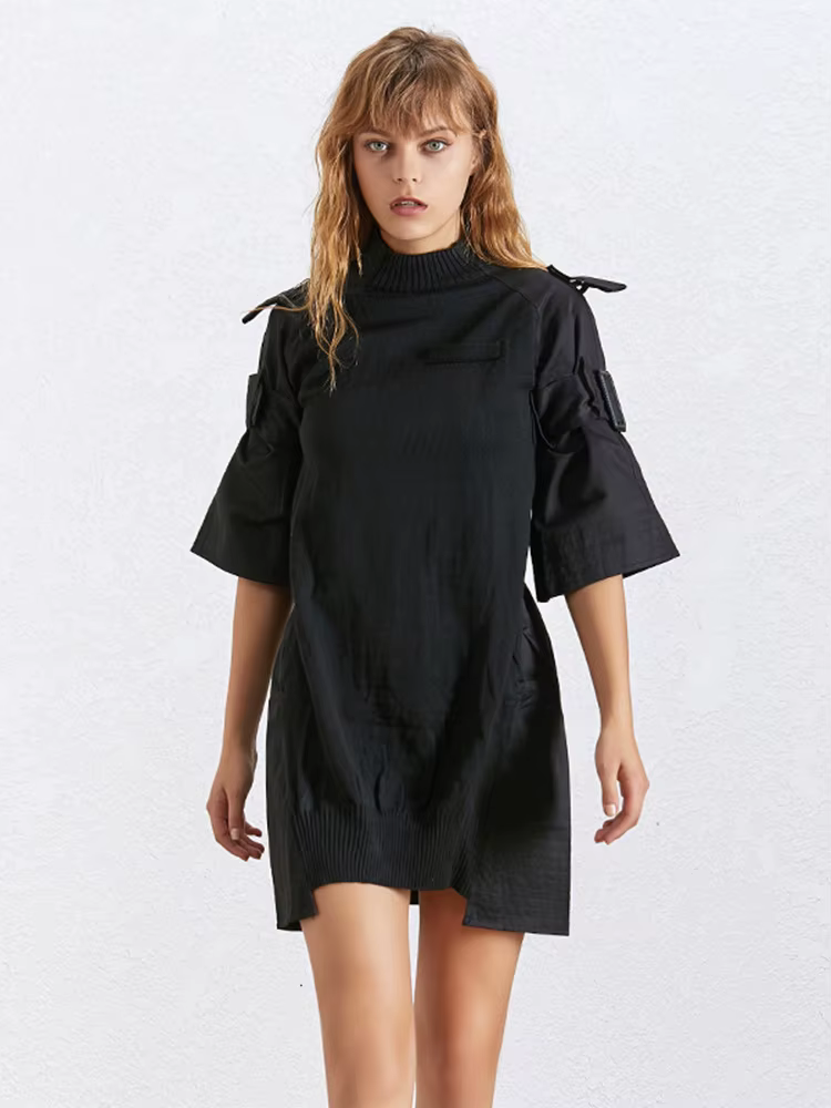 TWOTWurea YLE-Robe tunique unie pour femme, col rond, manches courtes, taille haute, lacets épissés,