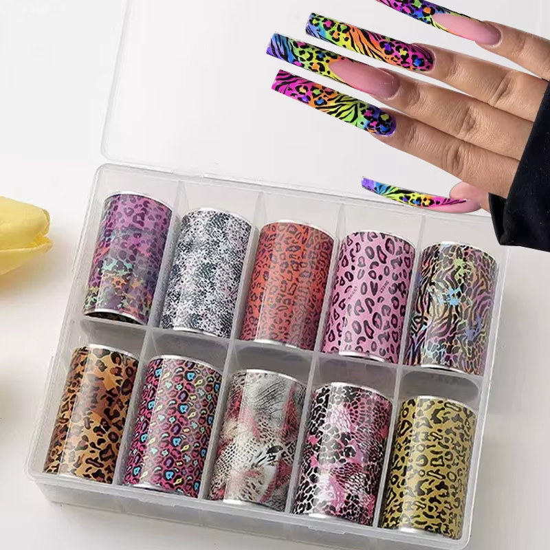 10 rouleaux de papier de transfert imprimé léopard, feuille pour Nail Art, décalcomanies de transfer