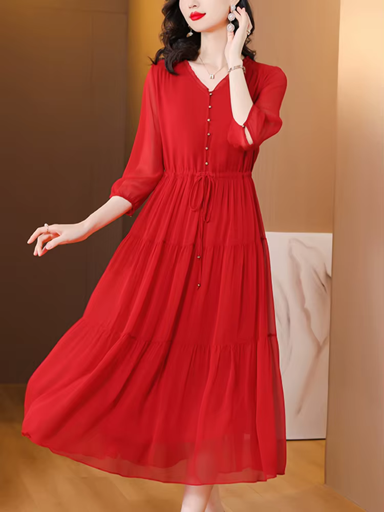 Robe mi-longue en soie rouge, Vintage, ample, élégante, moulante, robe de soirée, à bandes, décontra